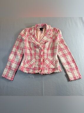 Pink Tweed Blazer Jacket Cropped Fringe Chanel Style Preppy Classic Womens